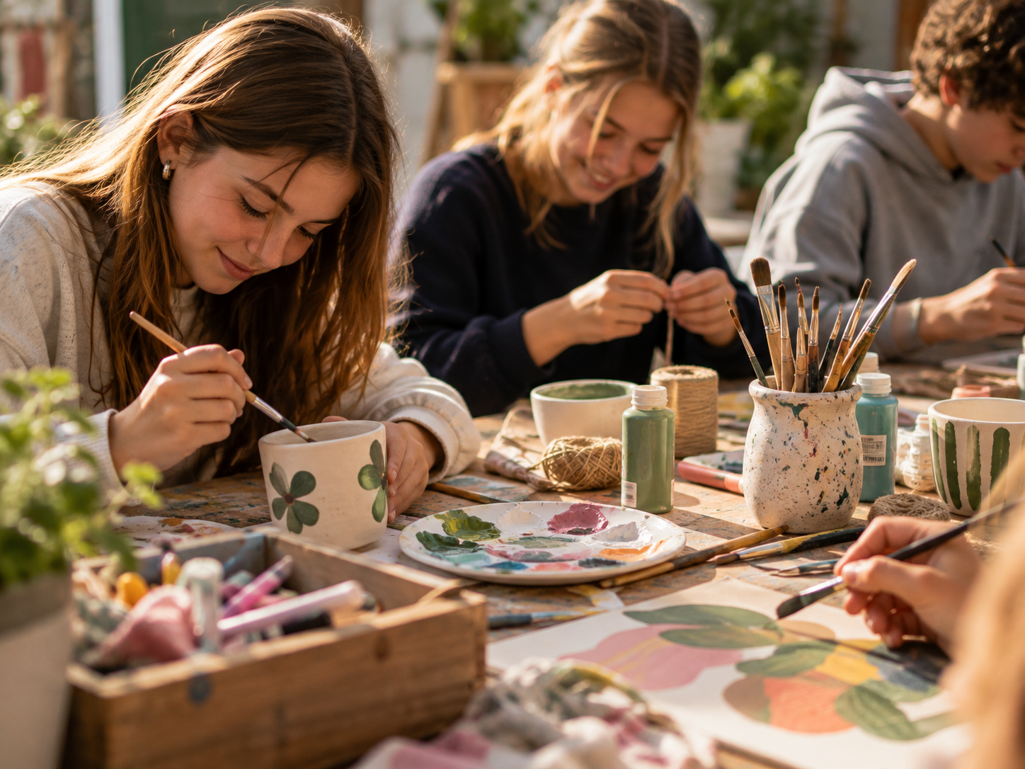 Unge arbejder med kreative aktiviteter